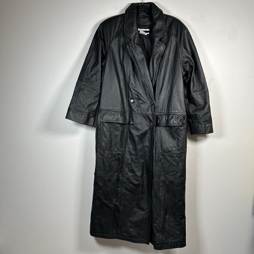 Vintage Together Black Leather Trench Long Coat Jacket Biker Women's Size 12